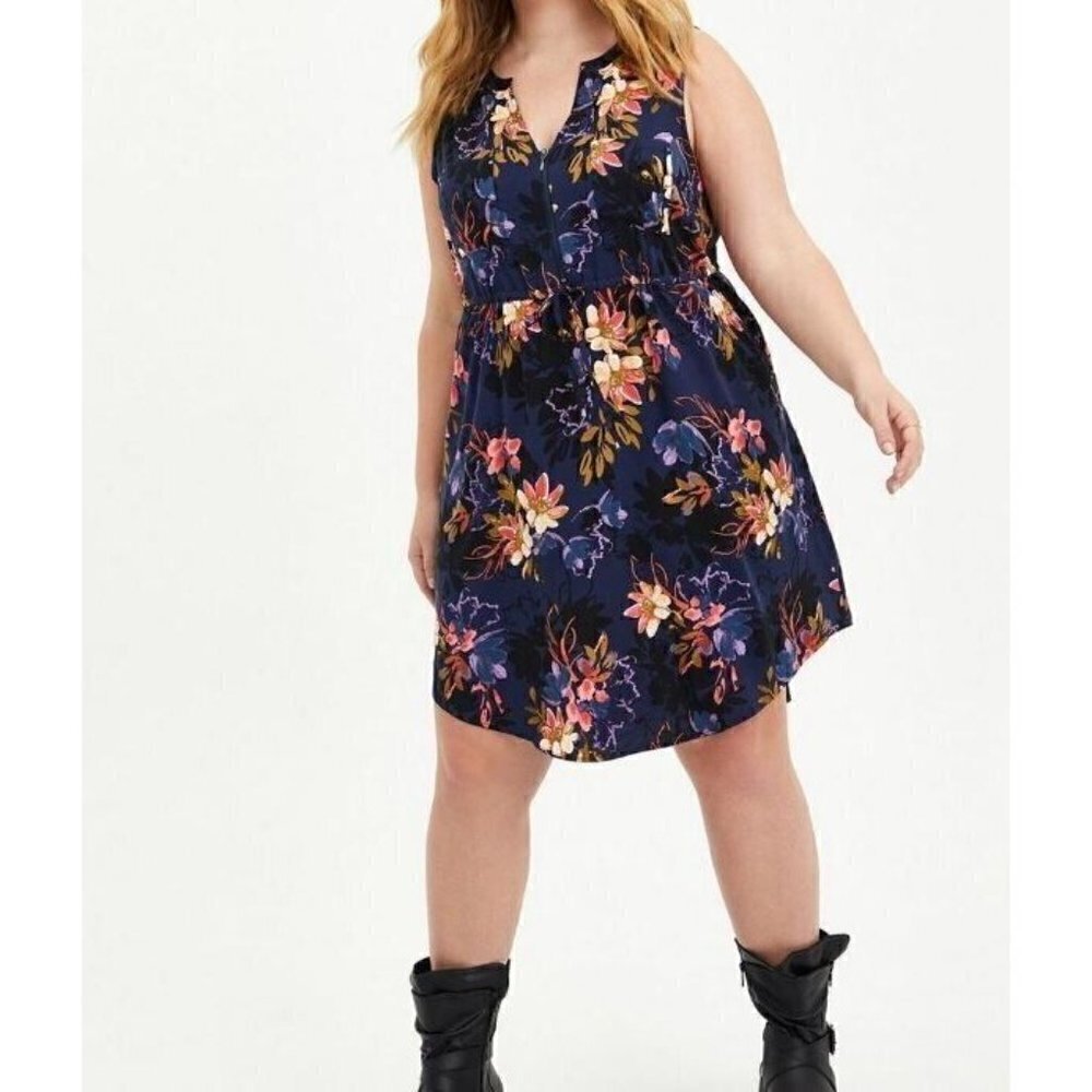 Torrid Shirt Dress Womens 2X Mini Floral Zip Front Sleeveless Drawstring Waist